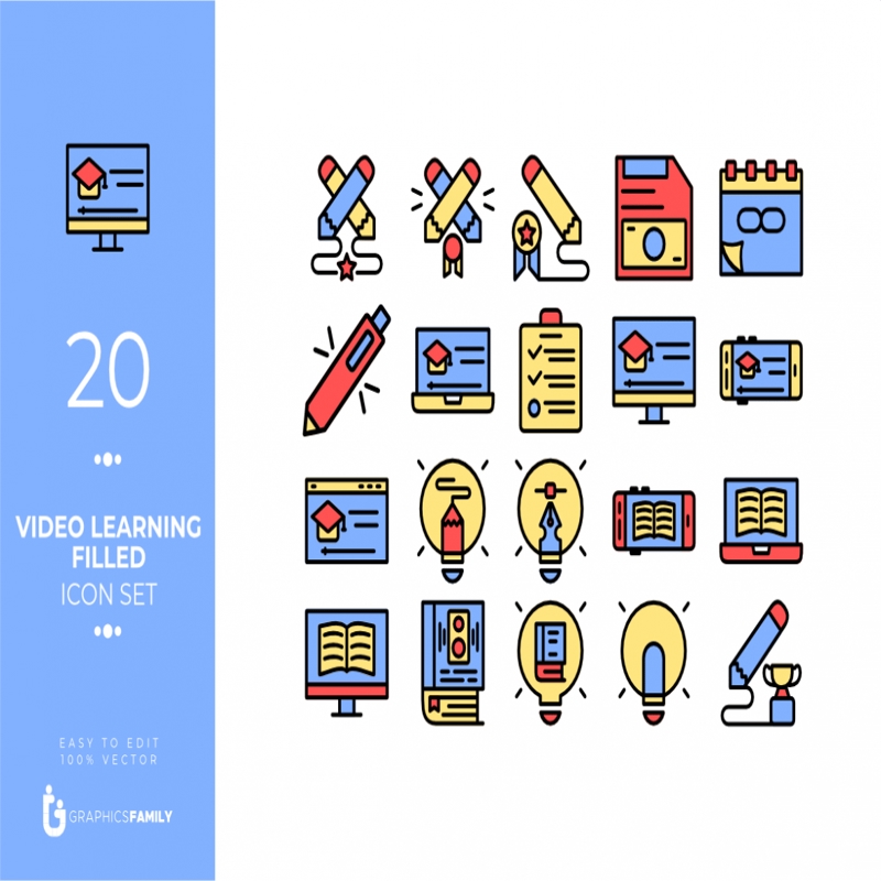 فایل آیکون‌های پر شده با آموزش ویدیویی - Video Learning Filled Icons