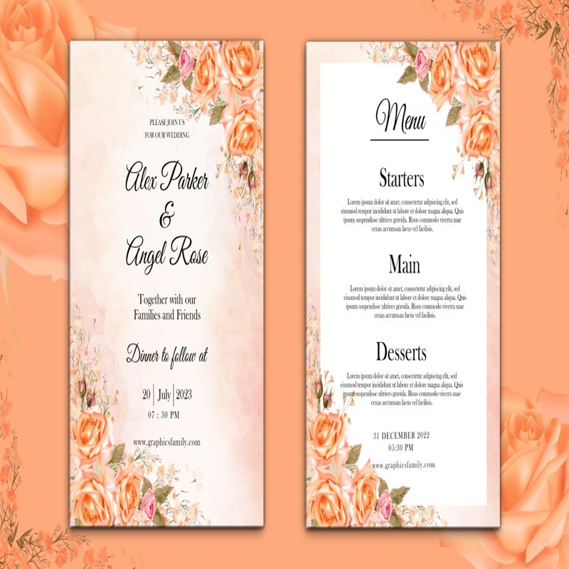 فایل کارت دعوت عروسی آبرنگی با طرح منو - Watercolor Wedding Invitations With Menu Card Design