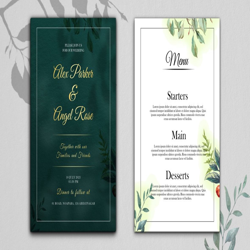 فایل دعوت عروسی و قالب منو با برگ های زیبا - Wedding invitation and menu template with beautiful leaves