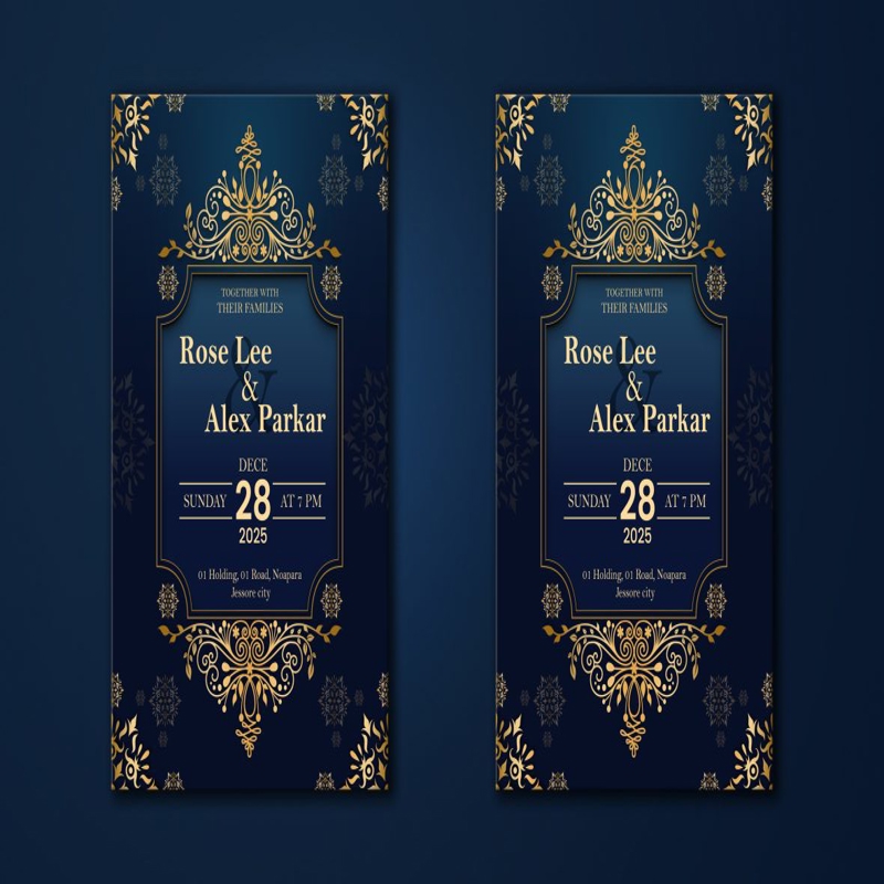 Wedding Invitation Card  With Gold Floral Background Template PSD - Wedding Invitation Card  With Gold Floral Background Template PSD