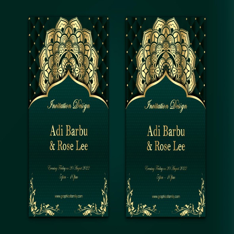 فایل طرح کارت دعوت عروسی با رنگ‌های سبز و طلایی - Wedding Invitation Card Design with Green and Gold Colors