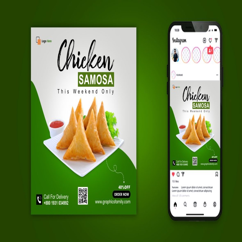 فایل طراحی پست شبکه‌های اجتماعی رستوران با تم غذای سفید و سبز - White and Green Restaurant Food Social Media Post Design