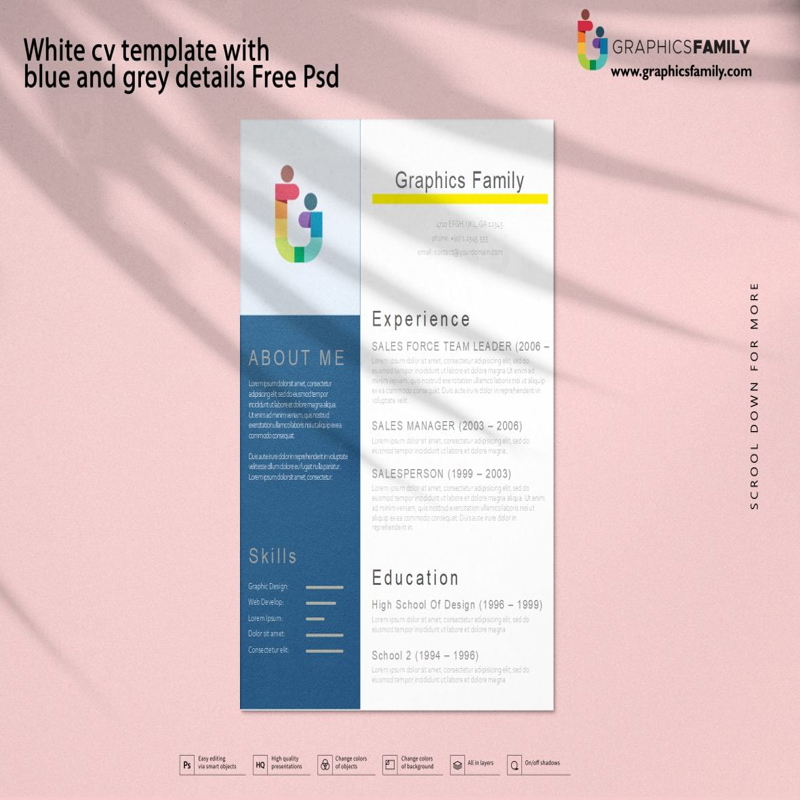 فایل قالب رزومه سفید با جزئیات آبی و خاکستری - White CV template with blue and grey details