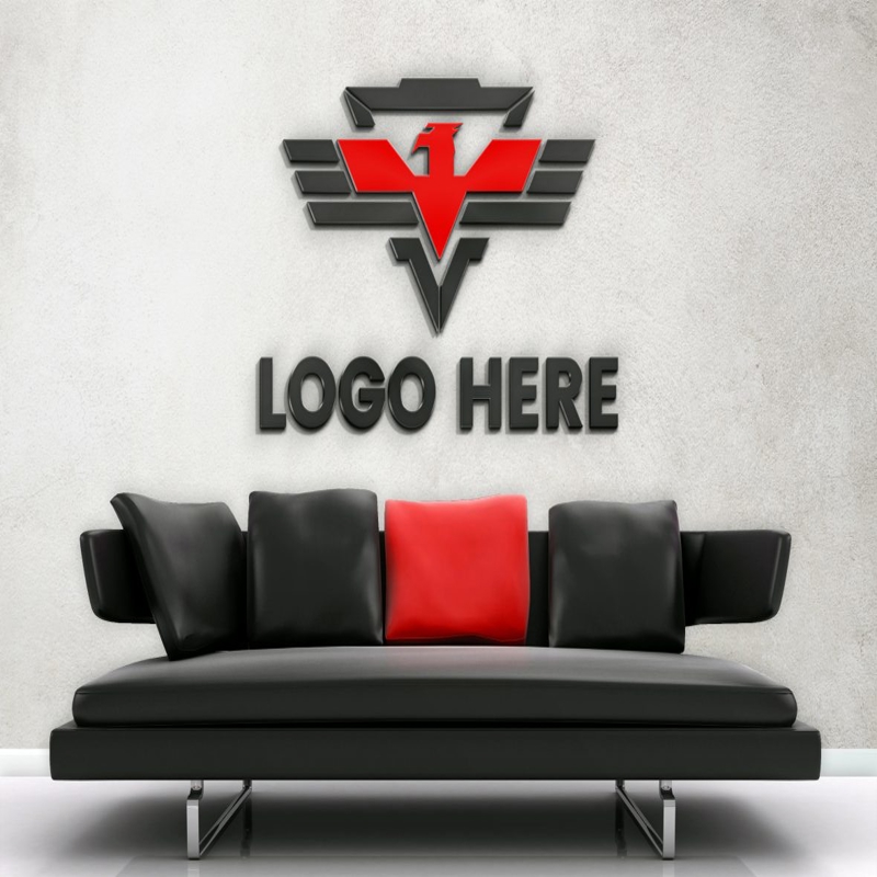 فایل موکاپ لوگو دیوار سفید با مبل مشکی - White Wall Logo Mockup with Black Sofa