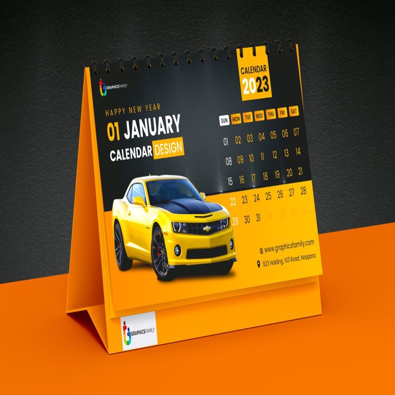 فایل طراحی تقویم رومیزی زرد و مشکی - Yellow and Black Desk Calendar Design