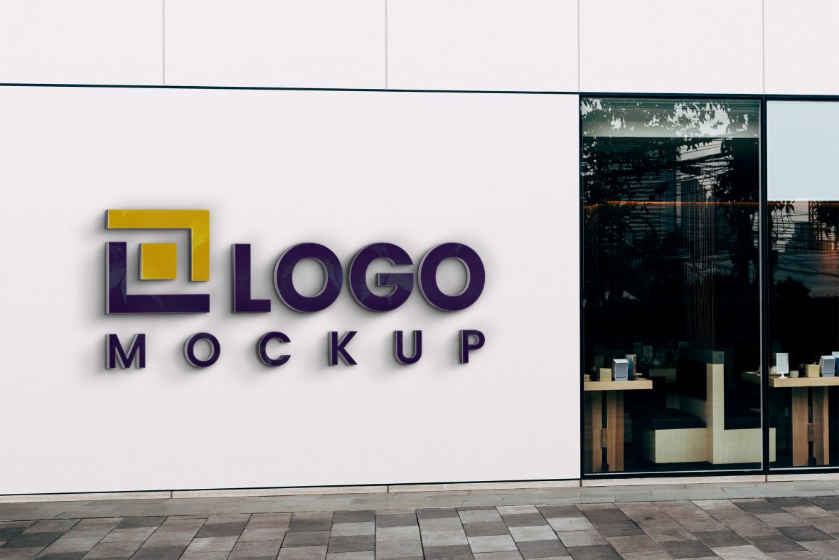 فایل موکاپ لوگوی سه بعدی با جلوه شیشه ای روی دیوار بیرونی شرکت - 3D glass effect logo mockup on Company outside wall