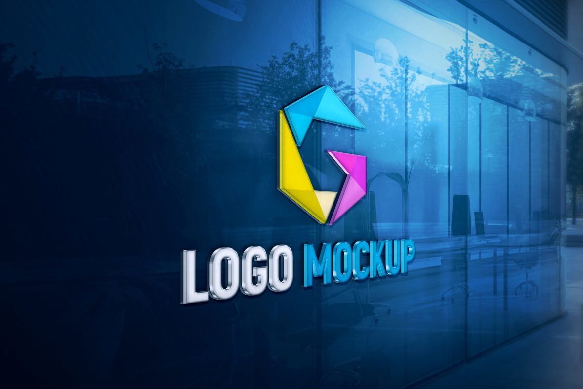 فایل موکاپ لوگوی شیشه‌ای سه‌بعدی روی دیوار آبی دفتر - 3D Glass Logo Mockup on Blue Office Wall