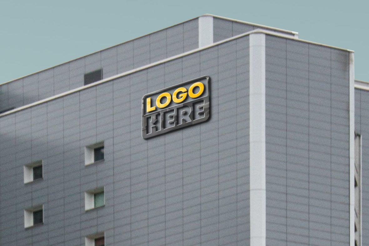 فایل موکاپ لوگوی شیشه‌ای سه‌بعدی روی ساختمان زیبا - 3D Glass Logo On Elegant Building Mockup