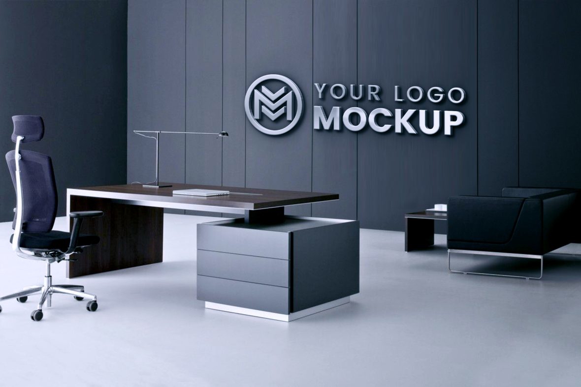 فایل موکاپ لوگوی سه بعدی روی دیوار مشکی دفتر - 3D Logo Mockup on Office Black Wall