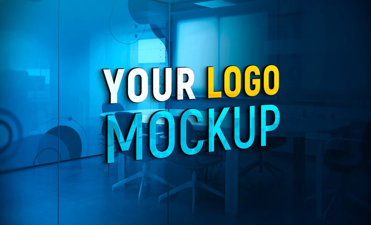 فایل موکاپ لوگوی سه بعدی روی دیوار شیشه ای دفتر - 3D Logo Mockup on Office Glass Wall