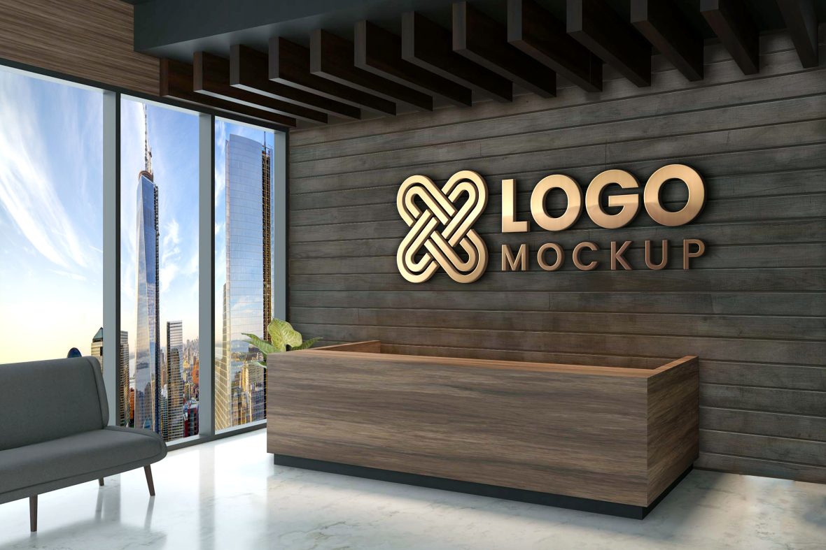 فایل موکاپ لوگوی سه بعدی روی دیوار پذیرش دفتر - 3D Logo Mockup On Office Reception Wall