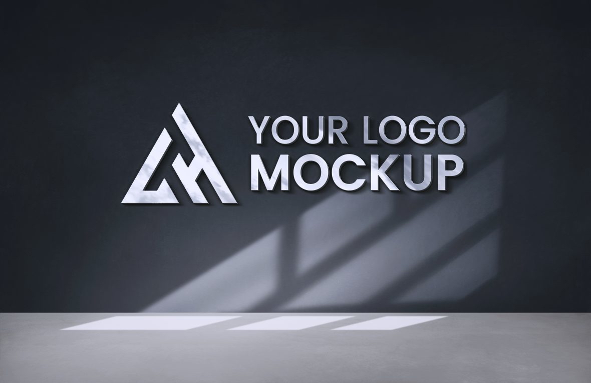فایل موکاپ لوگوی فلزی سه بعدی با پس زمینه پنجره مشکی - 3d Metal Logo Mockup With Black Window Background