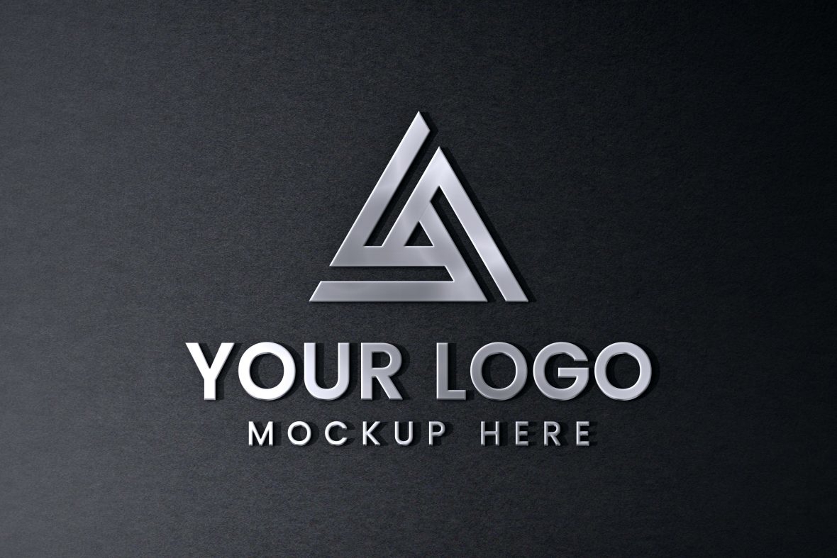 فایل موکاپ لوگوی فلزی سه بعدی روی سطح دیوار مشکی - 3D metallic Logo mockup on Black Wall Surface
