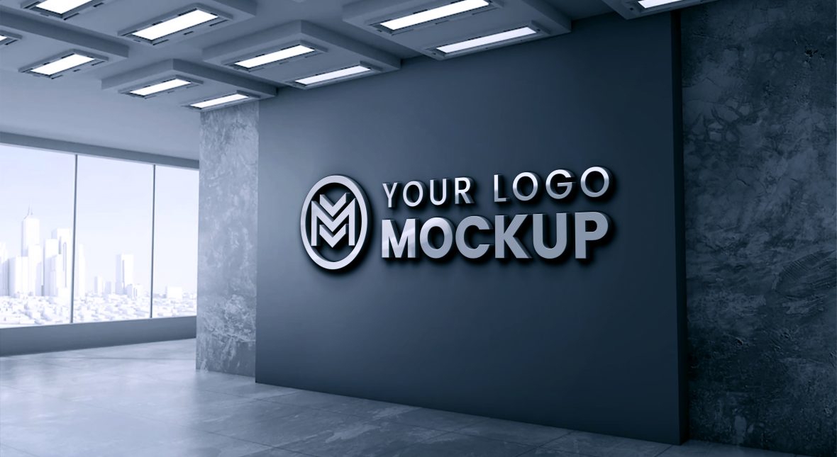 فایل موکاپ لوگوی سه بعدی دیوار اداری با دیوار خاکستری تیره - 3D office wall logo mockup with dark gray wall