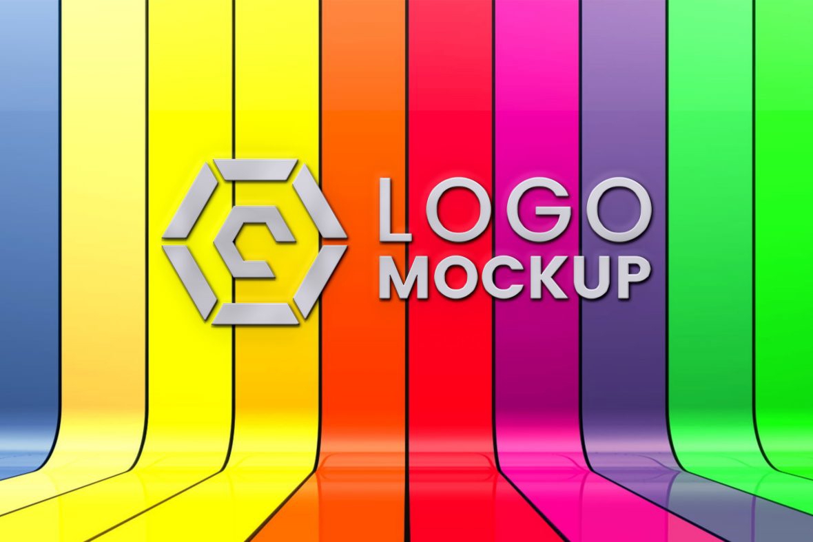 فایل موکاپ لوگو سه بعدی واقع گرایانه روی پس زمینه دیوار رنگارنگ - 3D Realistic Logo Mockup on Colorful Wall Background