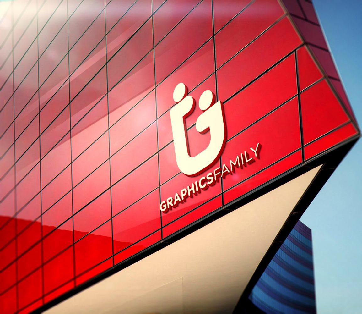 فایل موکاپ لوگوی سه بعدی نمای ساختمان قرمز - 3D Red Building Facade Logo Mockup