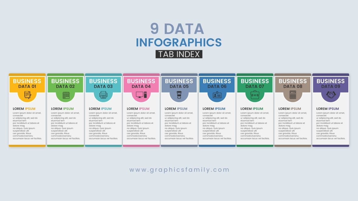 فایل قالب فهرست تب اینفوگرافیک ۹ داده با تصویر برداری نازک - 9 data infographics tab index template with thin vector image