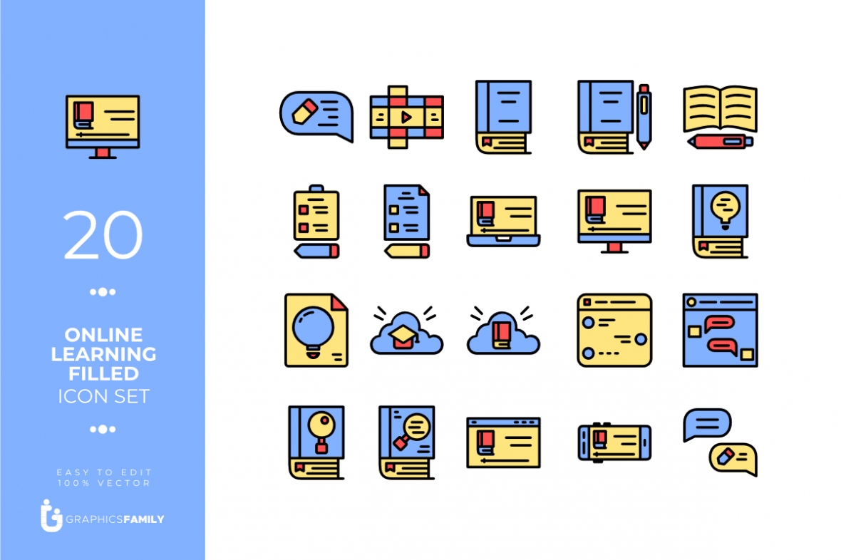 فایل 20 مجموعه آیکون پر شده با آموزش آنلاین (SVG) - 20 Online Learning Filled Icon Set (SVG)