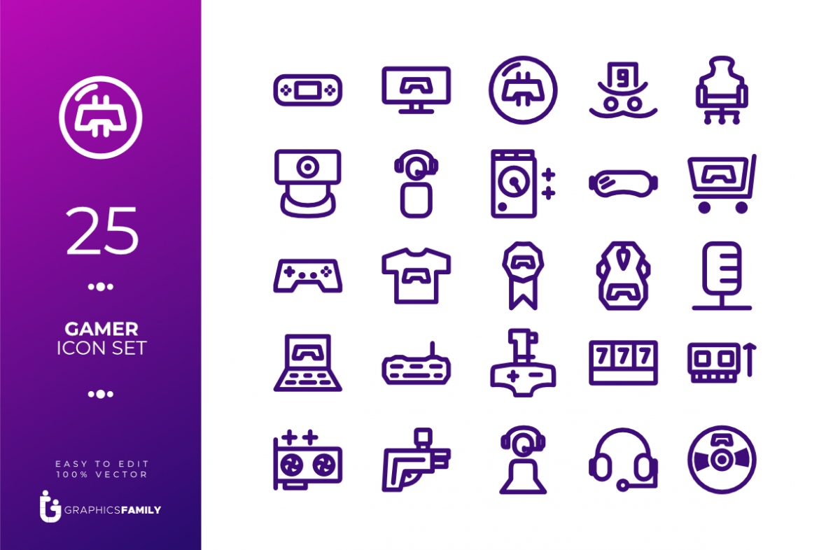 فایل ۲۵ مجموعه آیکون گیمر (AI) - 25 Gamer Icon Set (AI)