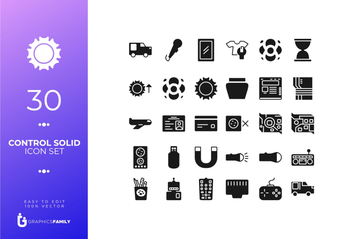 فایل 30 مجموعه آیکون کنترلی با سبک یکپارچه (SVG) - 30 Control Icon Set Solid Style (SVG)
