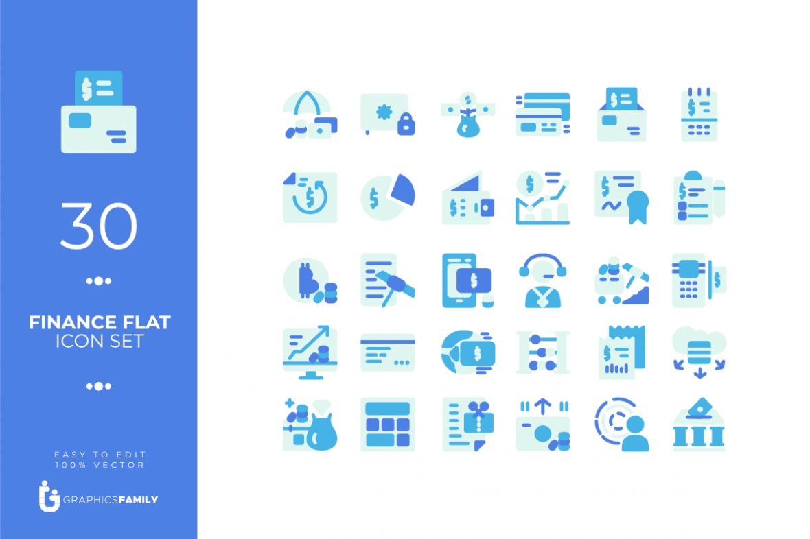 فایل 30 مجموعه آیکون به سبک فلت مالی (AI) - 30 Finance Flat Style Icon Set (AI)