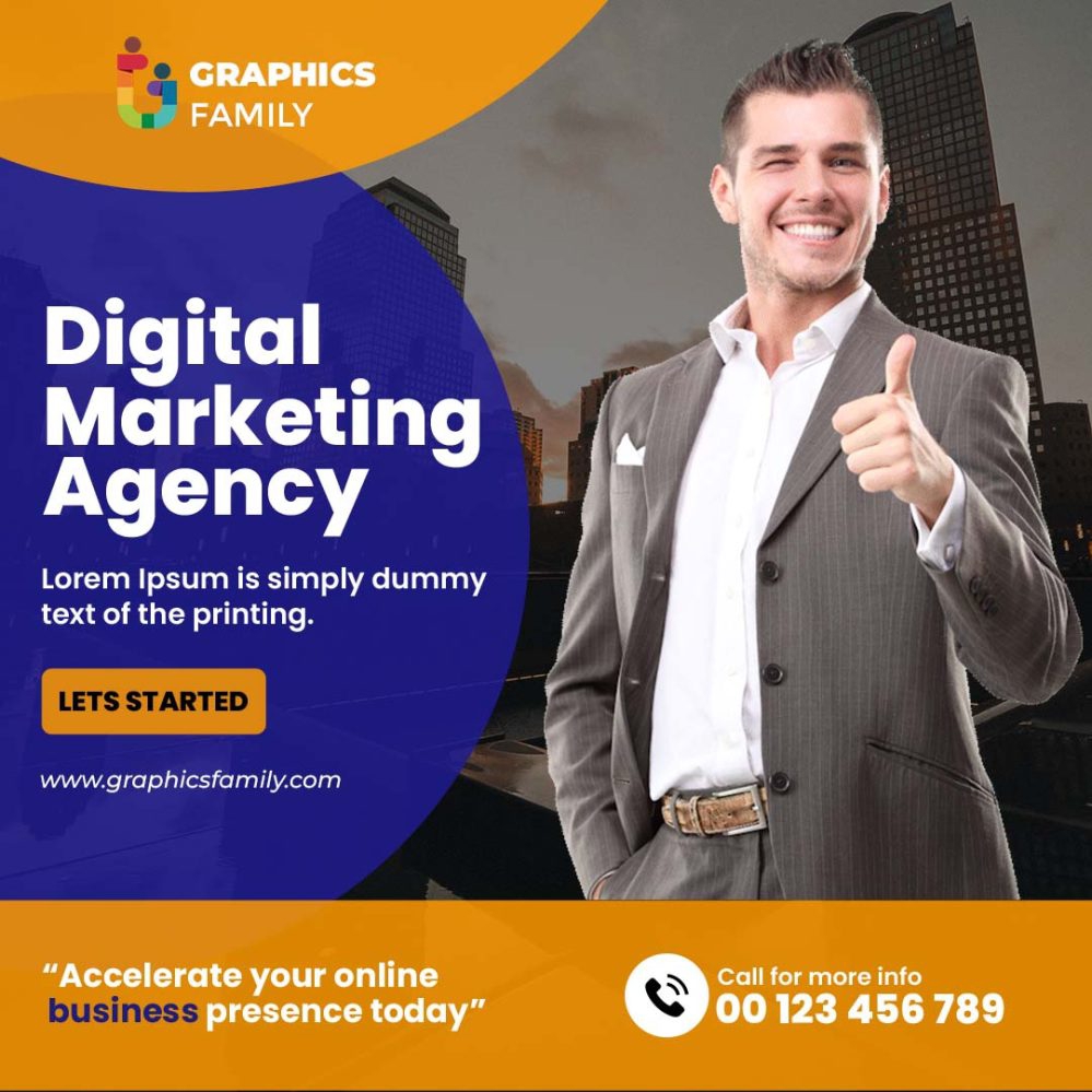 فایل طراحی بنر شبکه‌های اجتماعی آبی و زرد برای آژانس بازاریابی دیجیتال - Blue and Yellow Social Media Banner Design for Digital Marketing Agency
