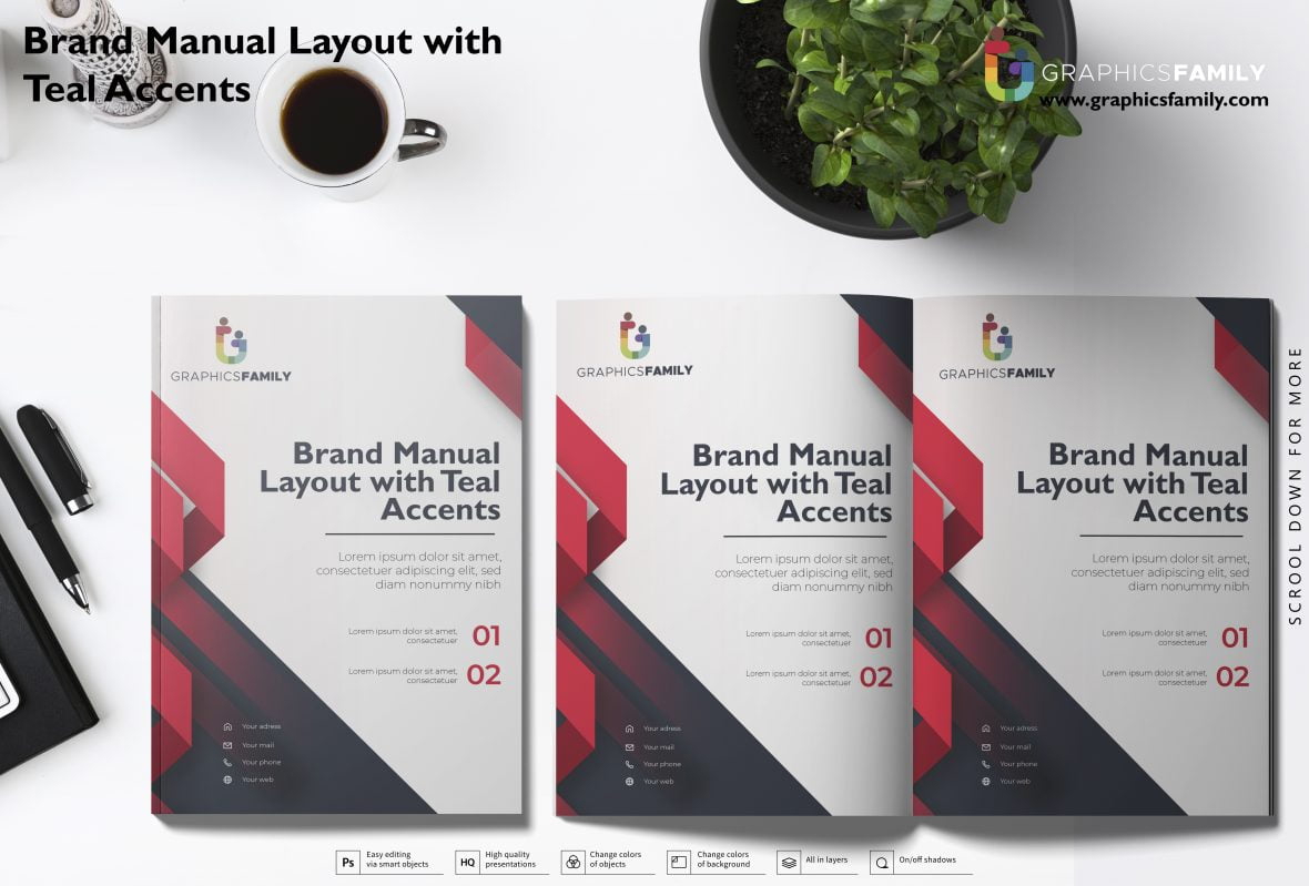 فایل طرح‌بندی دفترچه راهنمای برند با رنگ فیروزه‌ای - Brand Manual Layout with Teal Accents