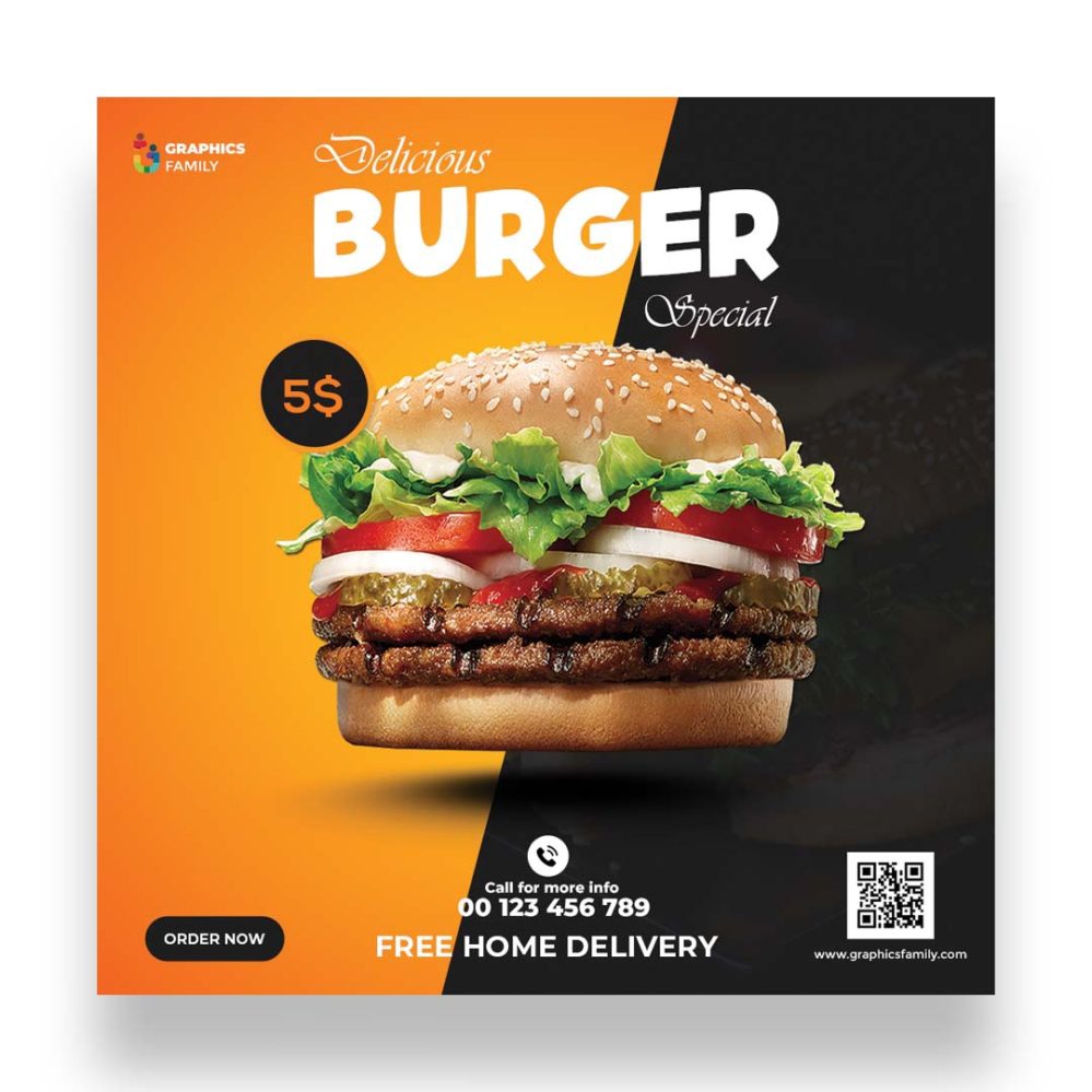 فایل قالب طراحی پست اینستاگرام برگر - Burger Instagram Post Design Template