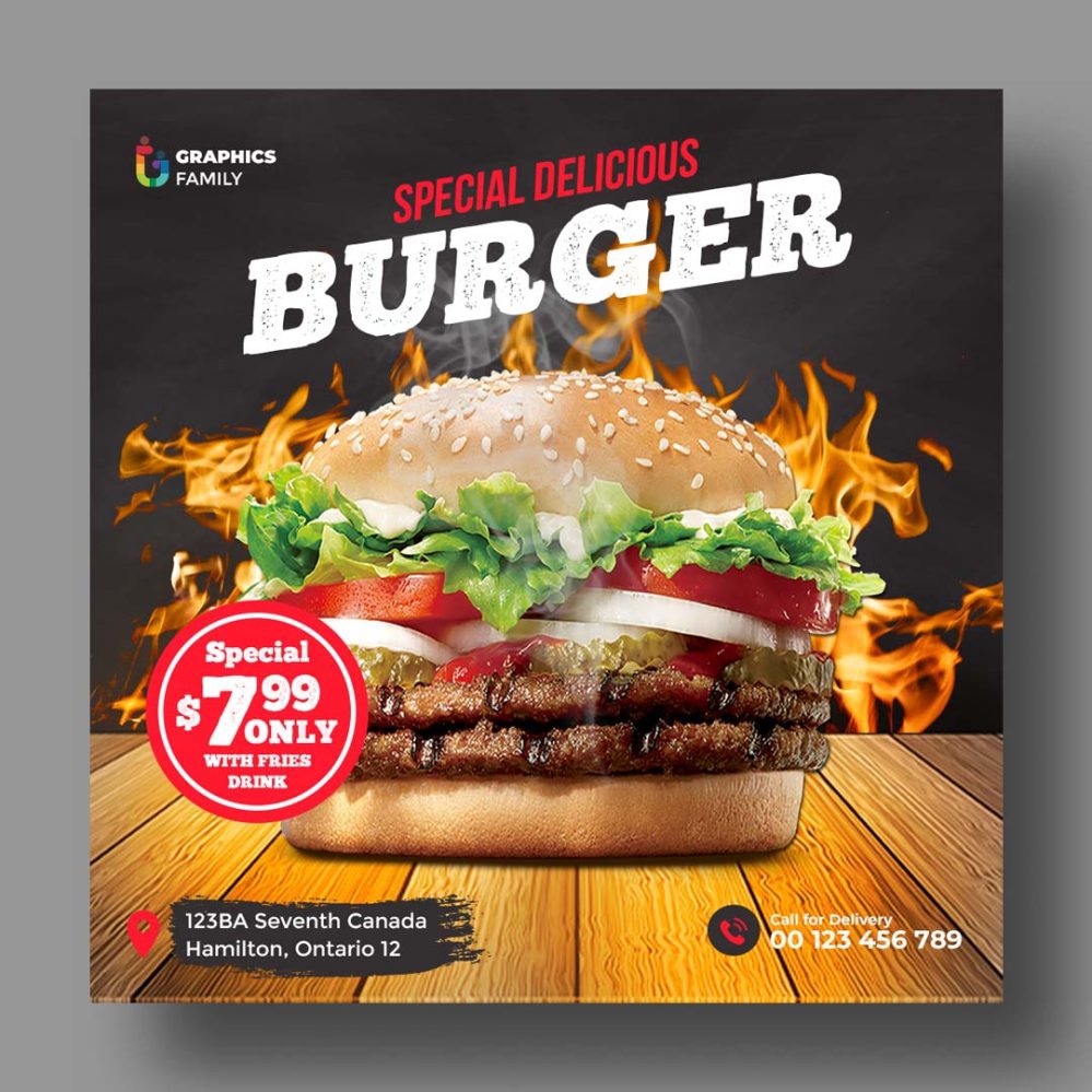 فایل طراحی بنر شبکه‌های اجتماعی رستوران برگر یا قالب پست اینستاگرام - Burger Restaurant Social Media Banner Design or Instagram Post Template