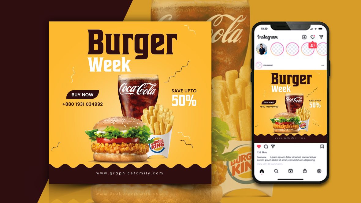 فایل طراحی پست اینستاگرام برگر و کوکاکولا - Burger&Coke Instagram Post Design