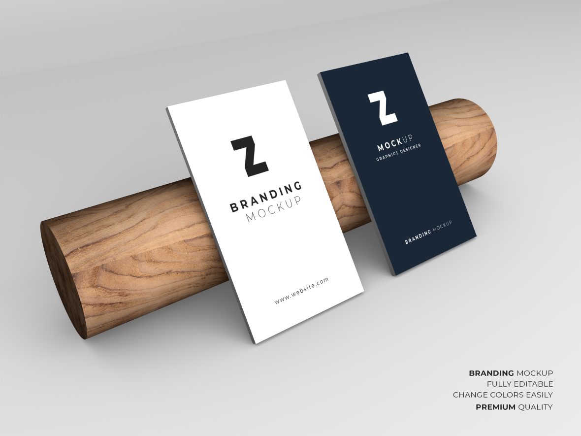 فایل موکاپ کارت ویزیت روی میز بار چوبی واقع‌گرایانه - Business Card Mockup on Realistic Wooden Bar