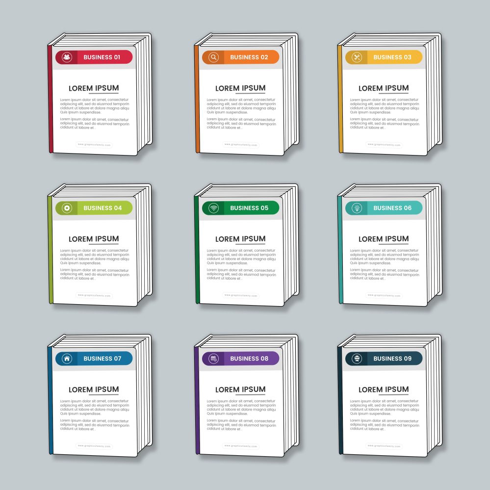 فایل قالب کتاب اینفوگرافیک تجاری با تصویر برداری 9 داده - Business infographics book template with 9 data vector image