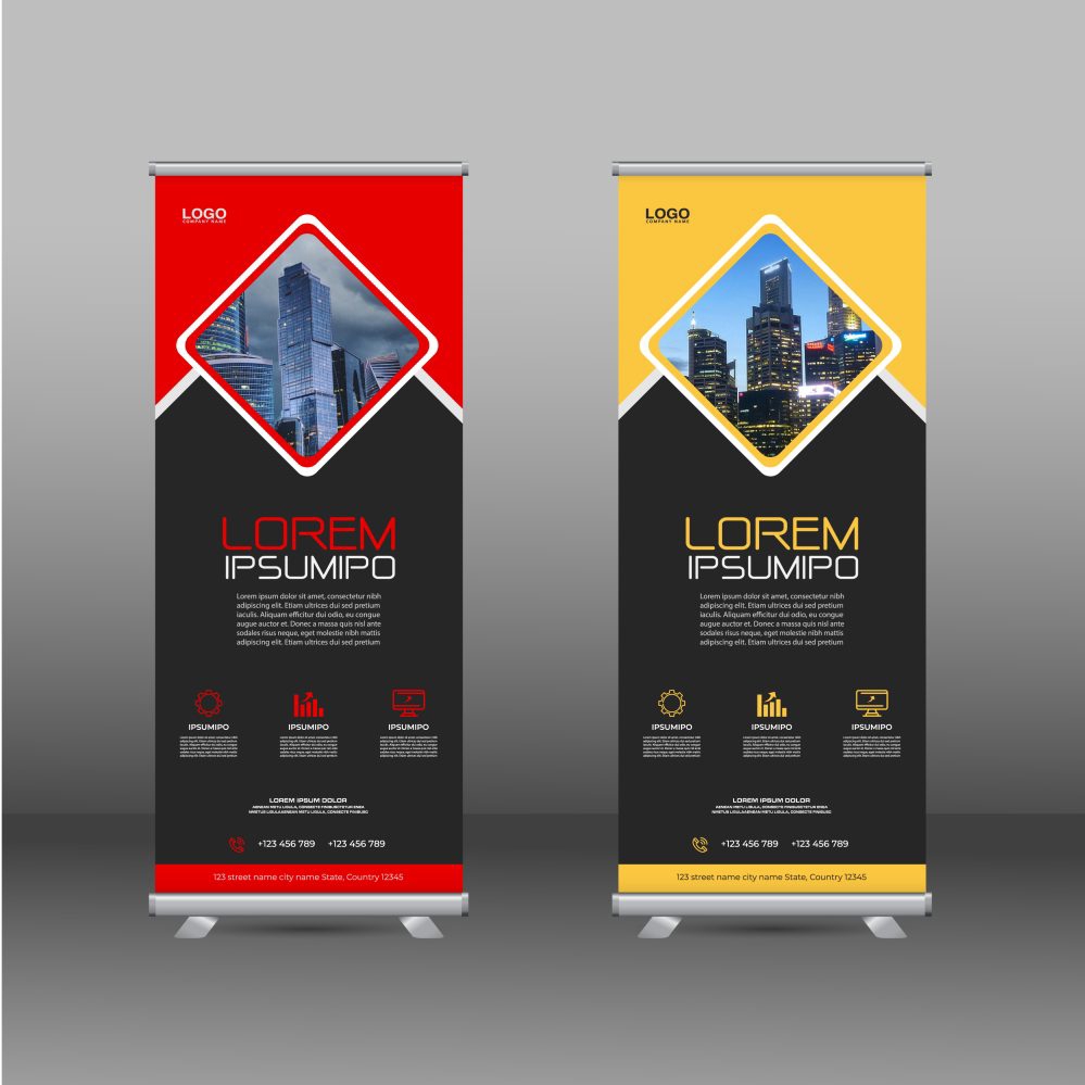 فایل کسب و کار، با شکل‌های مربعی قرمز و زرد رول کنید - Business, roll up with red and yellow square shapes