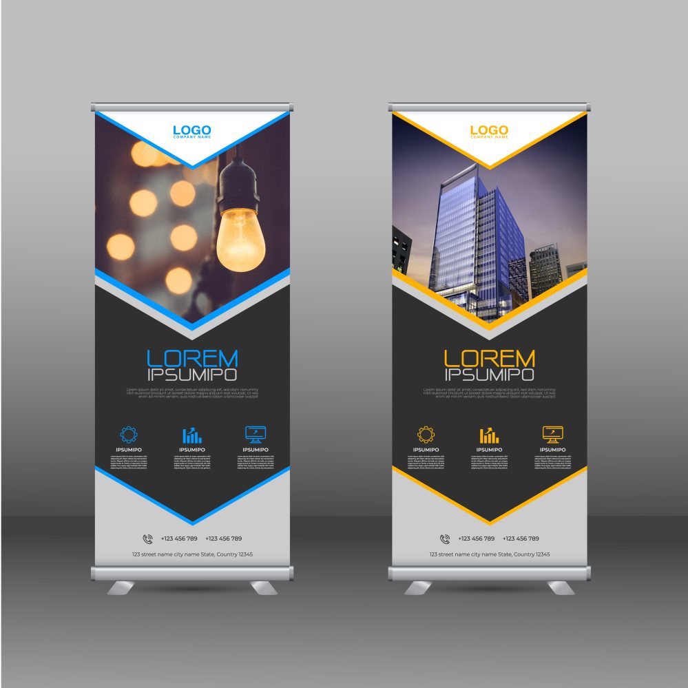 فایل طراحی بنر رول‌آپ خلاقانه آبی و زرد - Creative blue and yellow rollup banner design