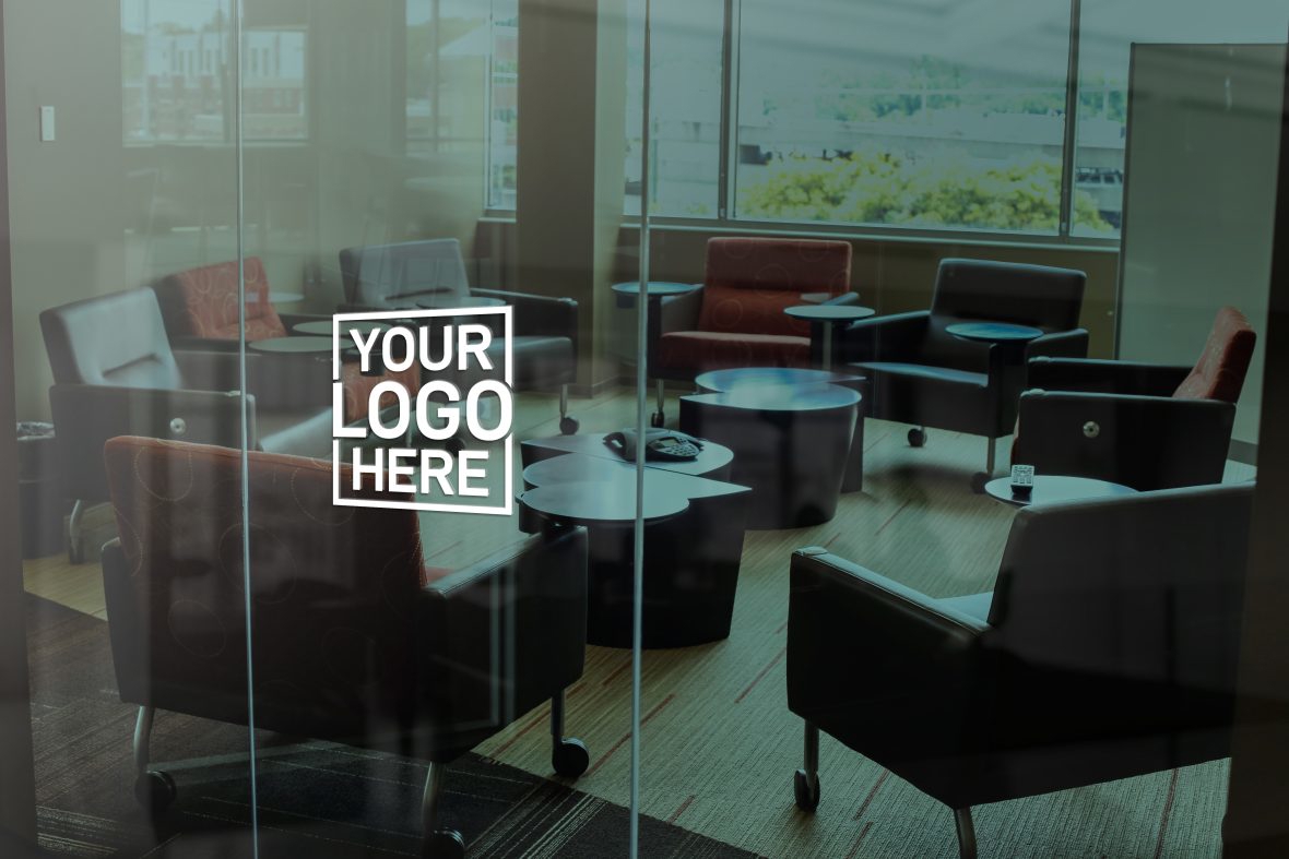 فایل موکاپ لوگو پنجره اداری با شیشه تیره - Dark Glass Office Window Logo Mockup