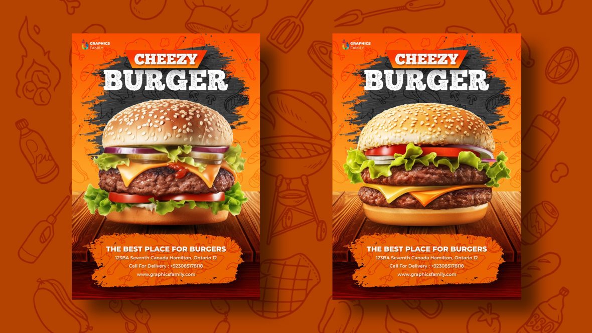 فایل طراحی بروشور رستوران فست فود برگر خوشمزه - Delicious Fast Food Burger Restaurant Flyer Design