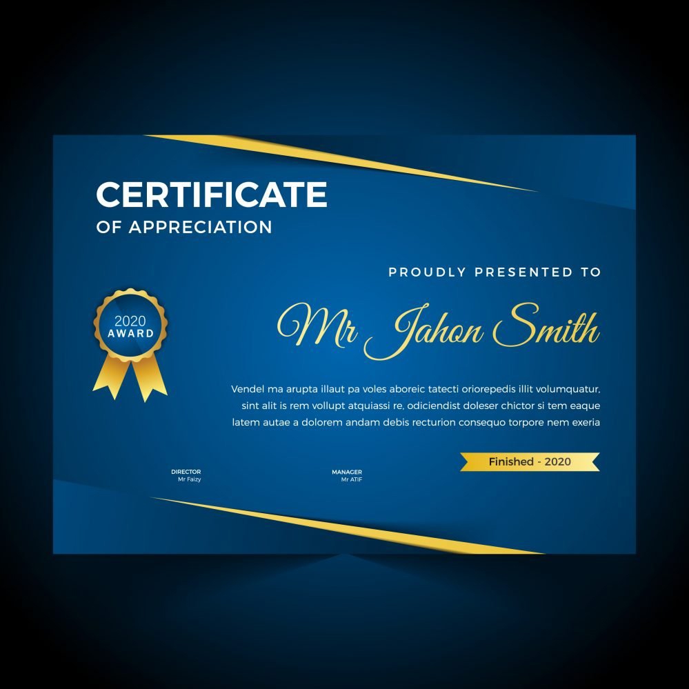 فایل الگوی گواهی دیپلم آبی و طلایی زیبا - Elegant blue and gold diploma certificate template