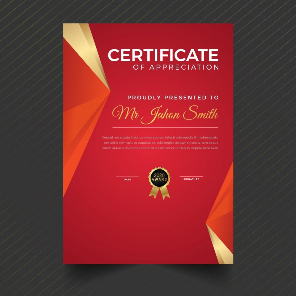 فایل الگوی گواهی دیپلم به سبک پرتره قرمز و طلایی زیبا - Elegant Red and Gold Portrait Style Diploma Certificate Template