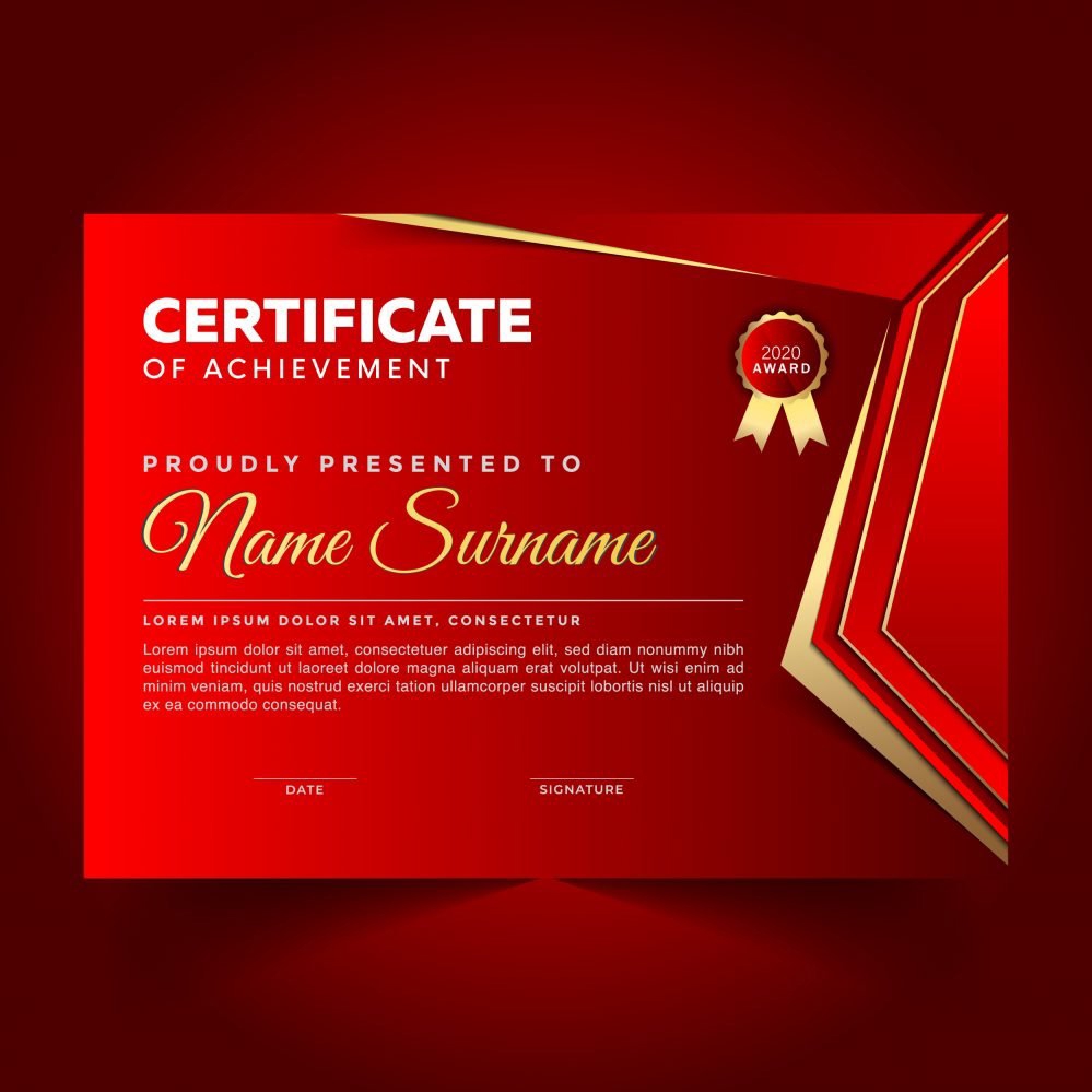 فایل طراحی الگوی گواهی موفقیت قرمز زیبا - Elegant Red Certificate of Achievement Template Design