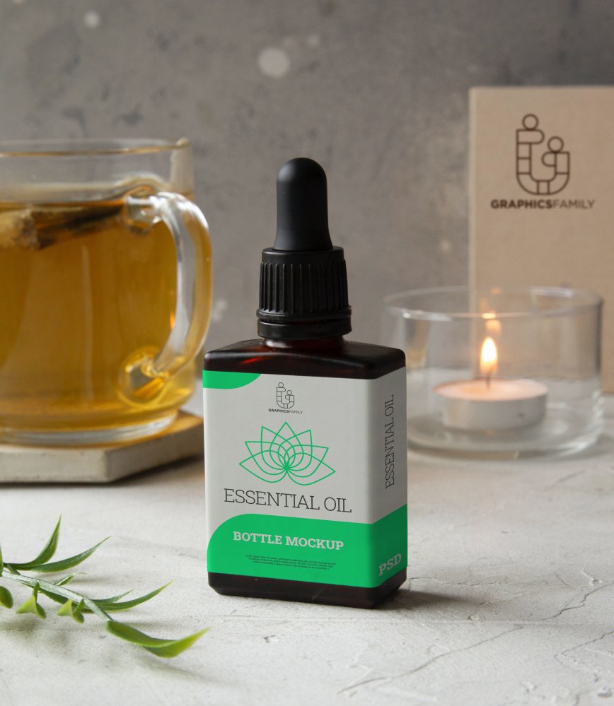 فایل ماکت بسته‌بندی بطری روغن ضروری - Essential Oil Bottle Packaging Mockup
