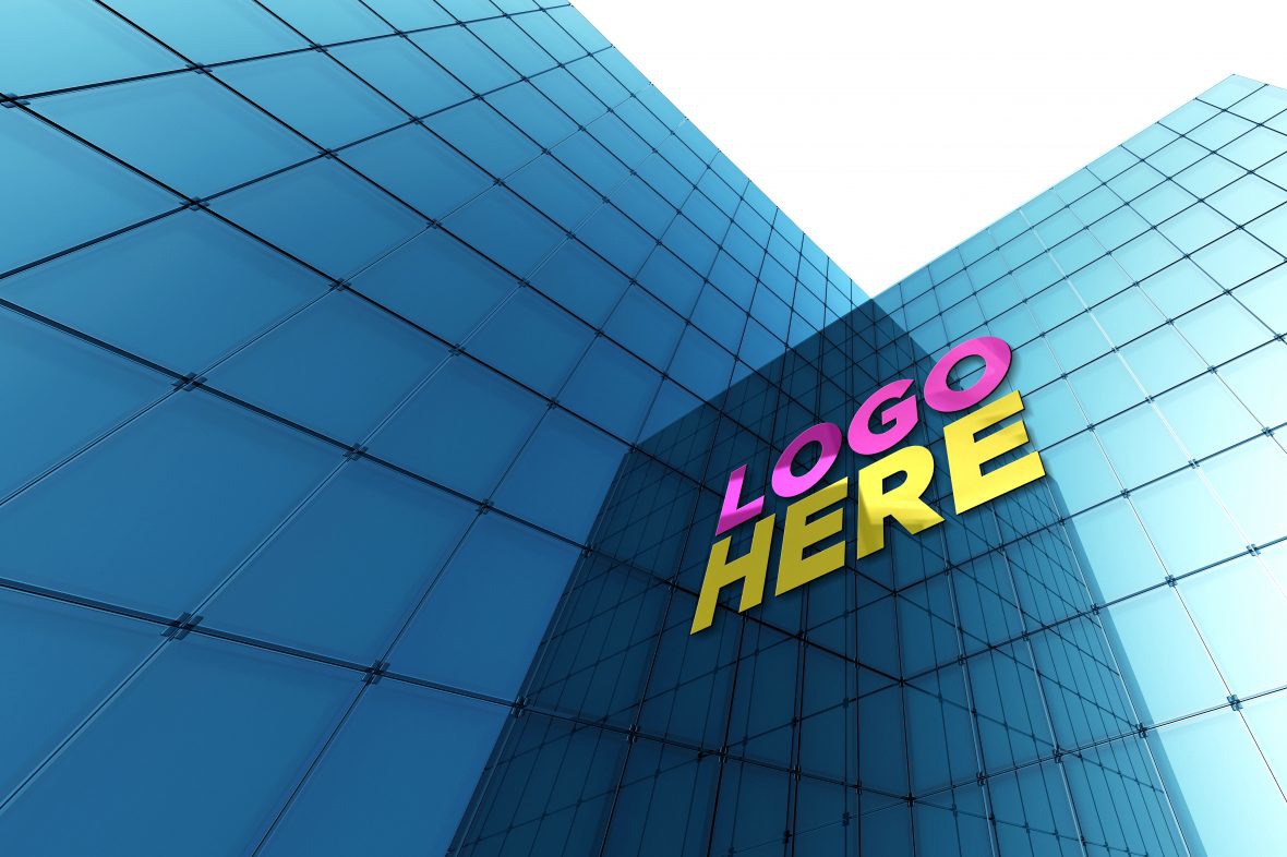 فایل موکاپ لوگو دیوار شیشه‌ای نمای بیرونی ساختمان - Exterior Building Glass Wall Logo Mockup