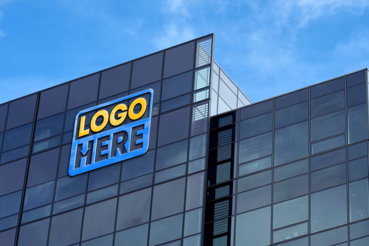 فایل موکاپ لوگوی سه بعدی ساختمان تجاری معروف با فناوری پیشرفته - Famous Hi-Tech Business Building 3D Logo mockup