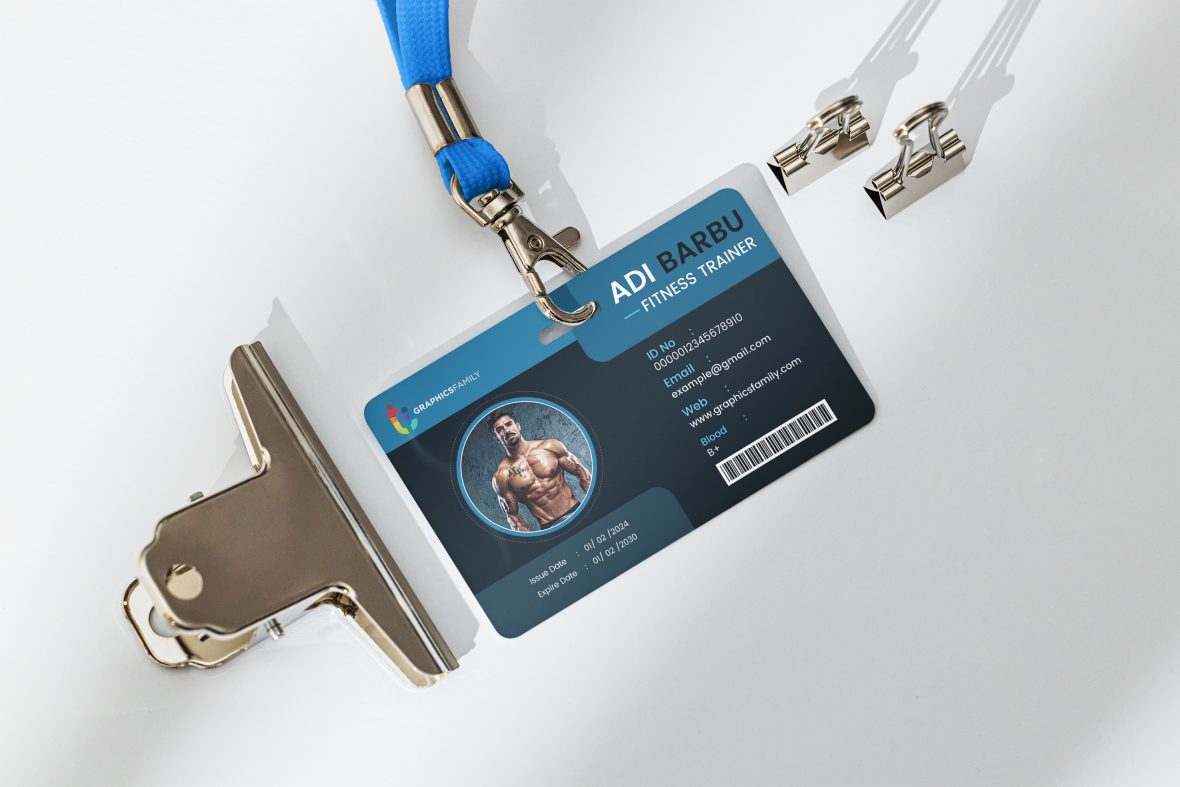 فایل قالب کارت شناسایی افقی کارمند باشگاه ورزشی و تناسب اندام - Flat gym and fitness employee horizontal identity card template