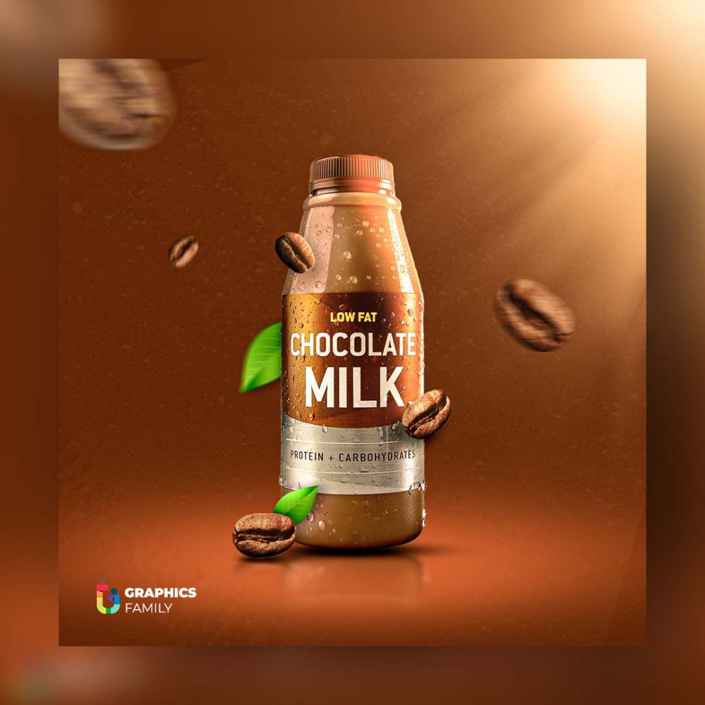 فایل شیر شکلات تازه در یک بطری شیشه‌ای با طرح ماکت برچسب - Fresh chocolate milk in a glass bottle with a label mockup design