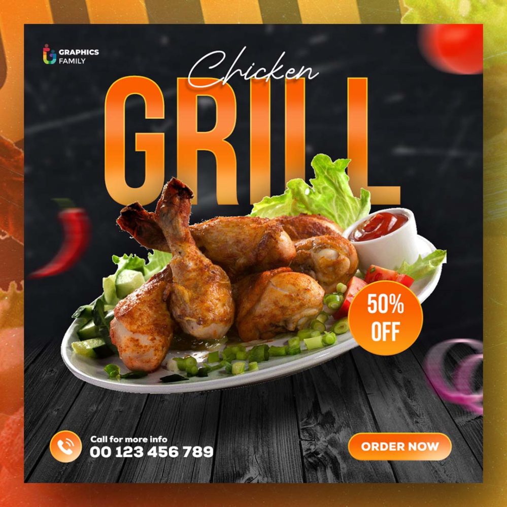 فایل طراحی قالب پست شبکه‌های اجتماعی رستوران، فست فود و گریل - Grill, fast-food, restaurant social media post template design