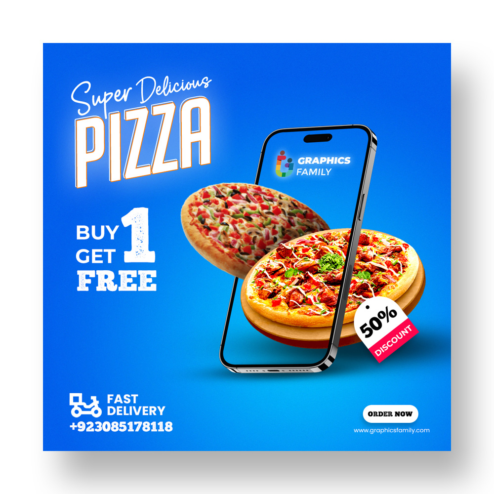 فایل طراحی پست شبکه‌های اجتماعی فروشگاه پیتزای داغ - Hot Pizza Shop Social Media Post Design