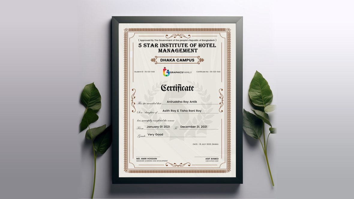 فایل طراحی قالب گواهی آموزش مدیریت هتل و گردشگری - Hotel Management & Tourism Training Certificate Template Design