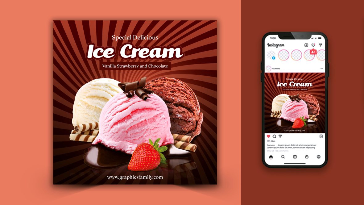 فایل طراحی پست شبکه‌های اجتماعی بستنی - Ice Cream Social Media Post Design
