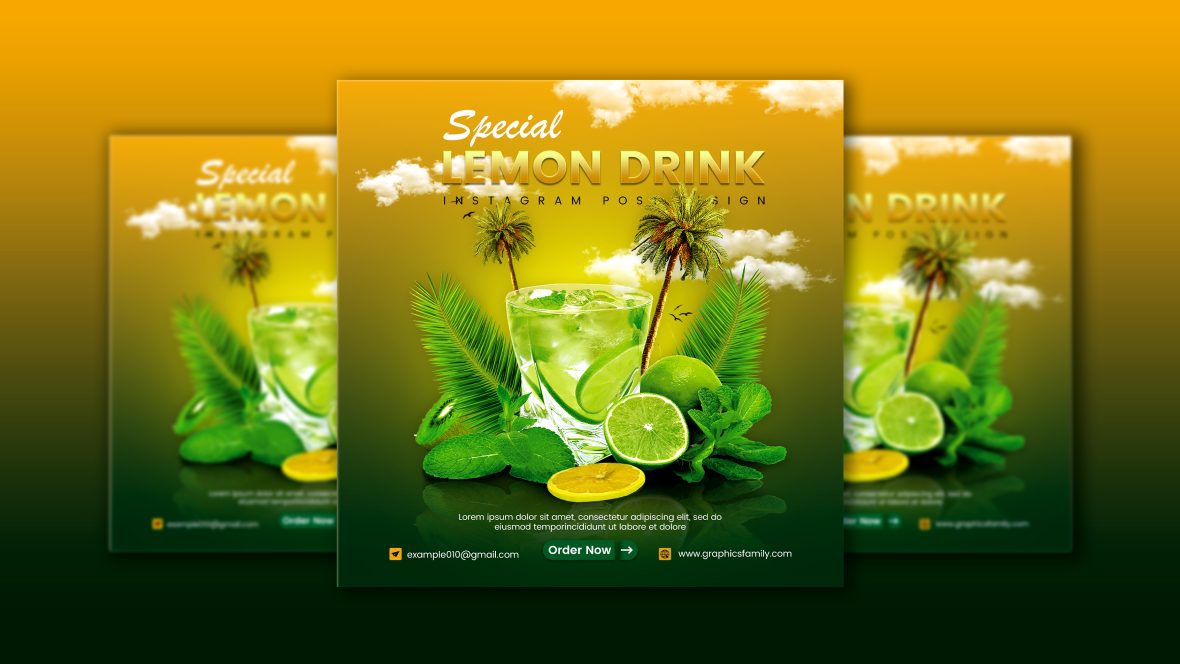 فایل طراحی پست اینستاگرام نوشیدنی لیمویی - Lemon Drink Instagram Post Design