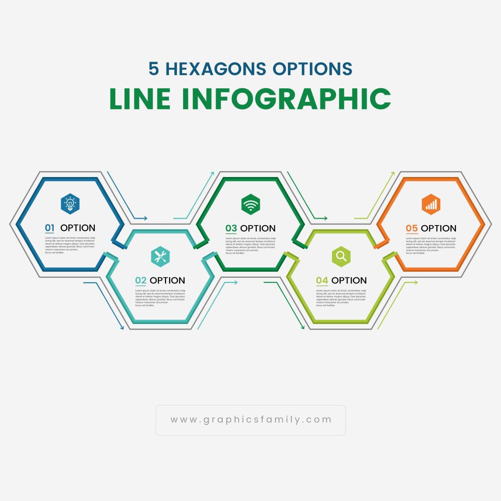 فایل قالب اینفوگرافیک خطی با 5 گزینه تصویر برداری شش ضلعی - Line infographic template with 5 hexagons options vector image
